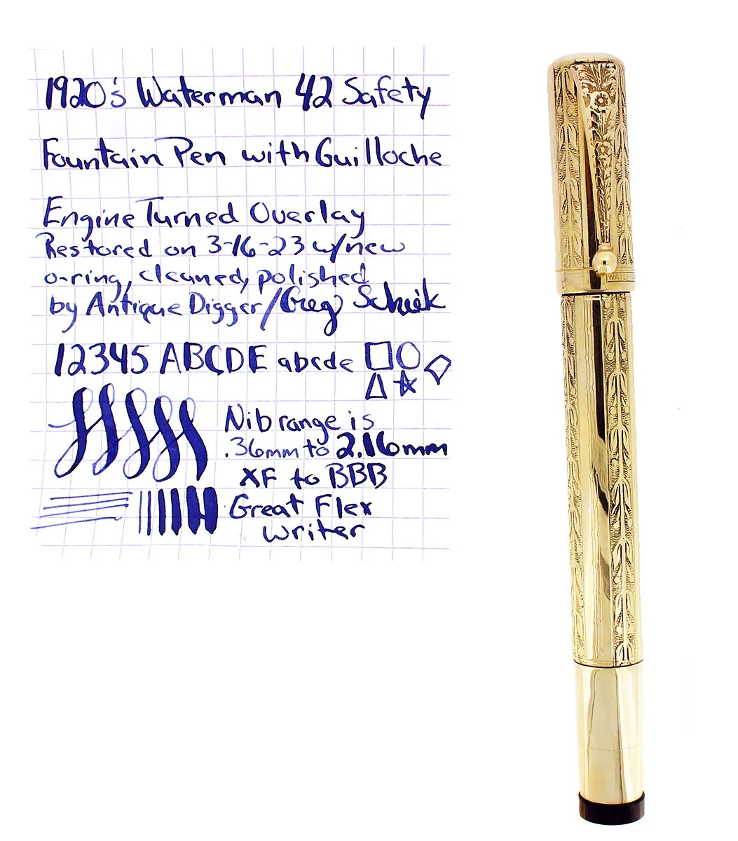 1920S WATERMAN 42 ITALIAN 18KR ROLLED GOLD VINE GUILLOCHE ENGINE TURNED SAFETY PEN RESTORED