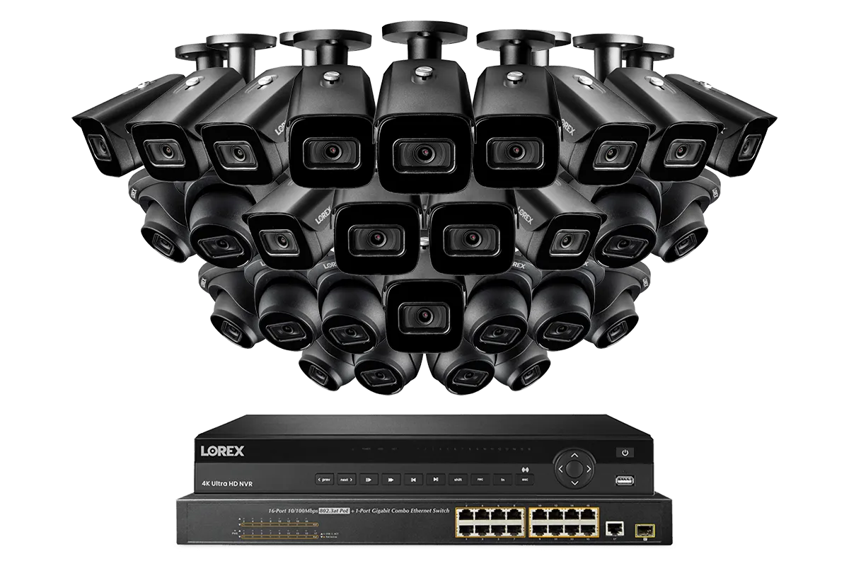 32-Channel 4K Nocturnal NVR System with Fourteen Audio Domes and Fourteen Audio Bullet Smart IP Cameras