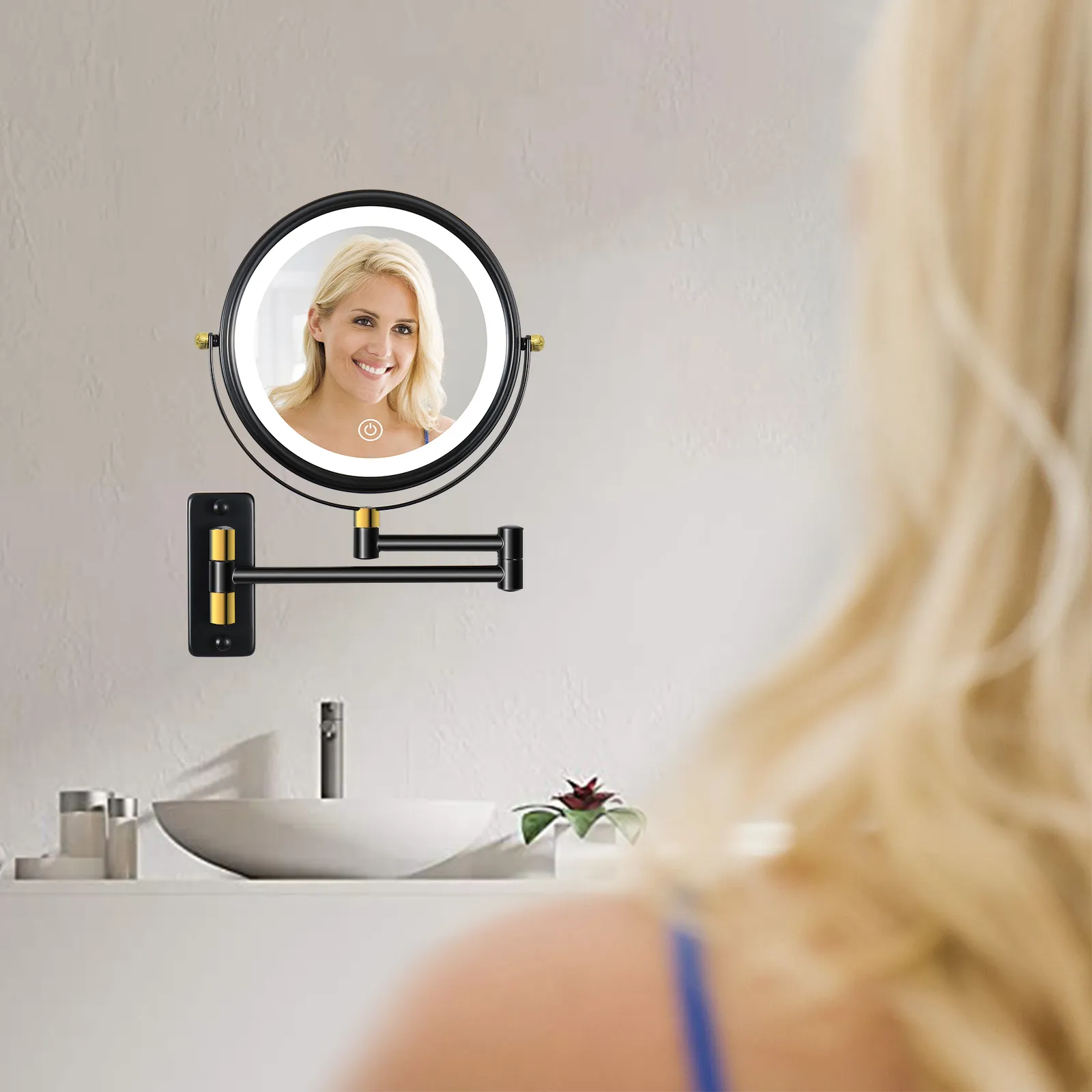 8.6" Wall Mounted Makeup Mirror with LED Lights, Double Sided 1X/10X Magnifying Mirror, 360° Swivel Bathroom Vanity Mirror with Extension Arm, Built-in Battery, Black   Gold