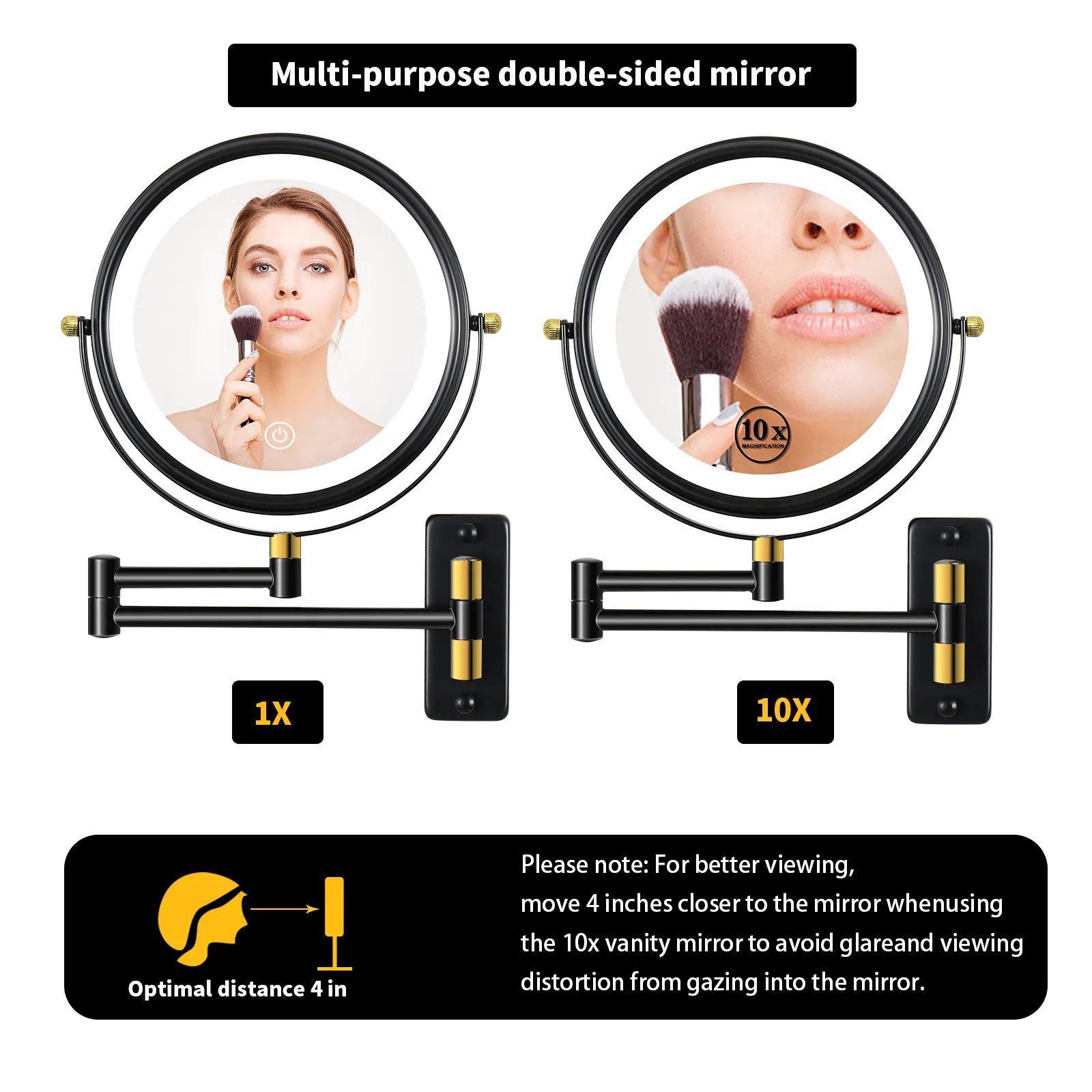 8.6" Wall Mounted Makeup Mirror with LED Lights, Double Sided 1X/10X Magnifying Mirror, 360° Swivel Bathroom Vanity Mirror with Extension Arm, Built-in Battery, Black   Gold