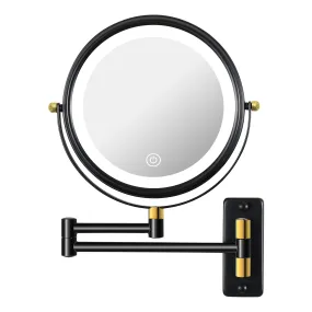 8.6" Wall Mounted Makeup Mirror with LED Lights, Double Sided 1X/10X Magnifying Mirror, 360° Swivel Bathroom Vanity Mirror with Extension Arm, Built-in Battery, Black   Gold