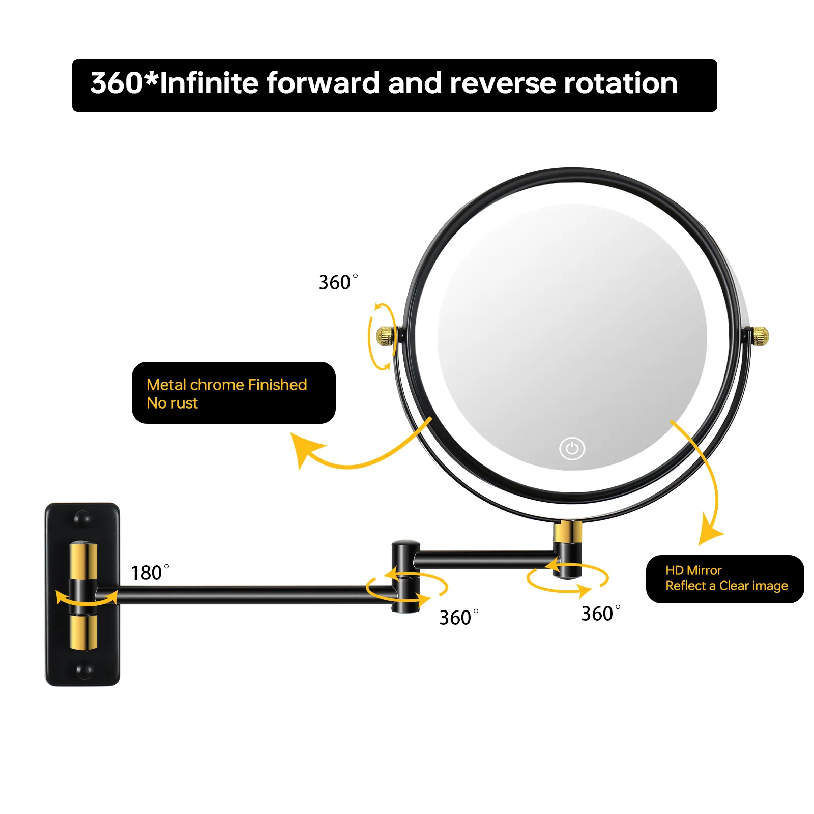 8.6" Wall Mounted Makeup Mirror with LED Lights, Double Sided 1X/10X Magnifying Mirror, 360° Swivel Bathroom Vanity Mirror with Extension Arm, Built-in Battery, Black   Gold