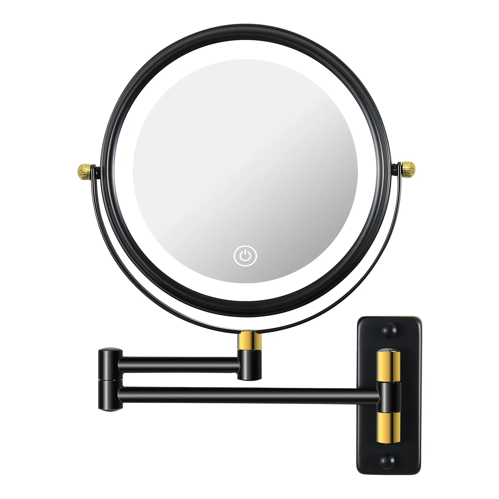 8.6" Wall Mounted Makeup Mirror with LED Lights, Double Sided 1X/10X Magnifying Mirror, 360° Swivel Bathroom Vanity Mirror with Extension Arm, Built-in Battery, Black   Gold