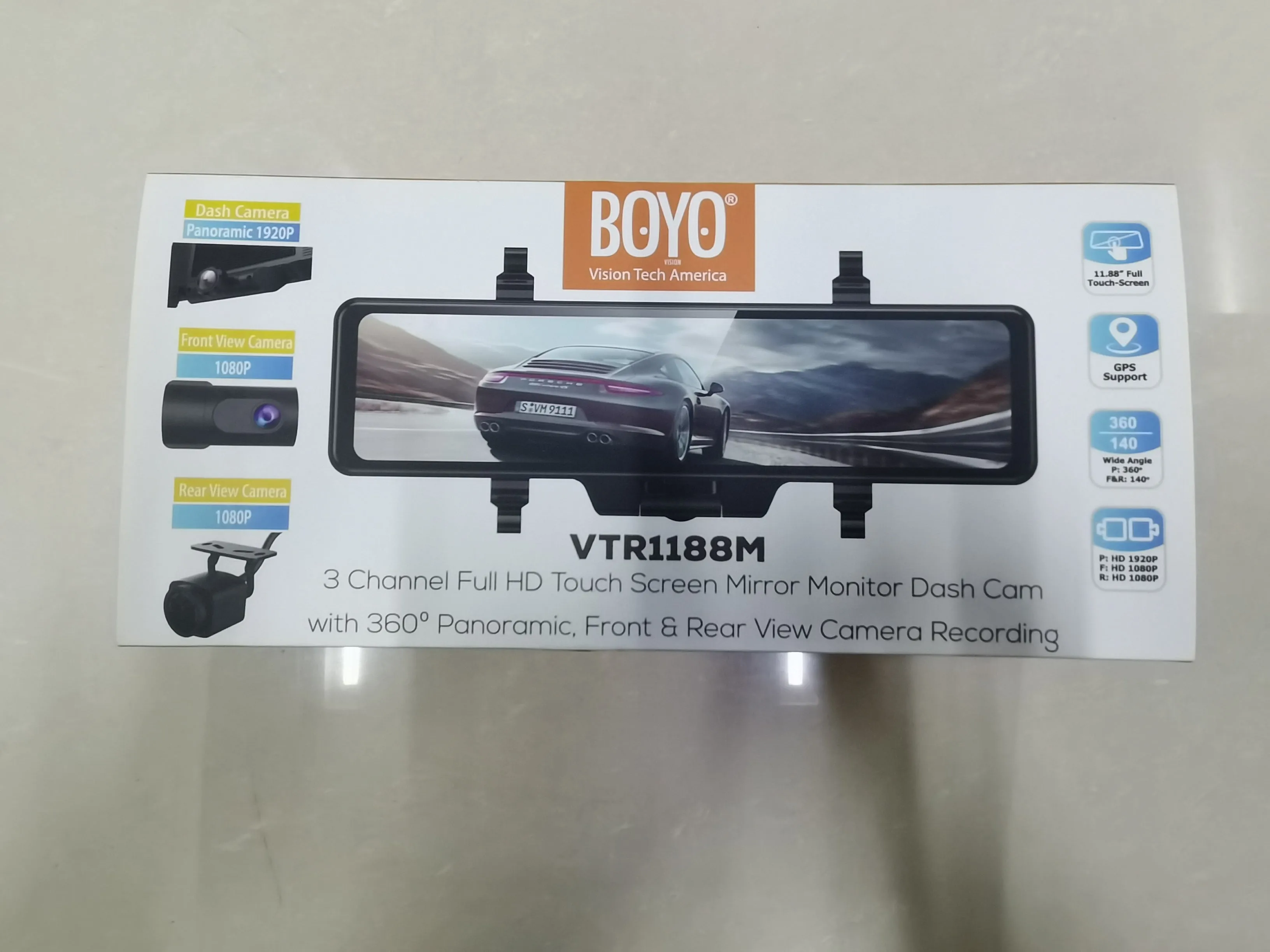 BOYO VTR1188M - 3 Channel Full HD Touch Screen Mirror Monitor Dash Camwith 360° Panoramic, Front & Rear View Camera Recording