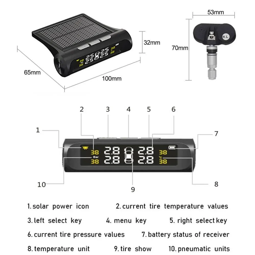 Car TPMS Tire Pressure Monitoring System Solar Charging HD Digital LCD Display Auto Alarm System Wireless With 4 Sensor