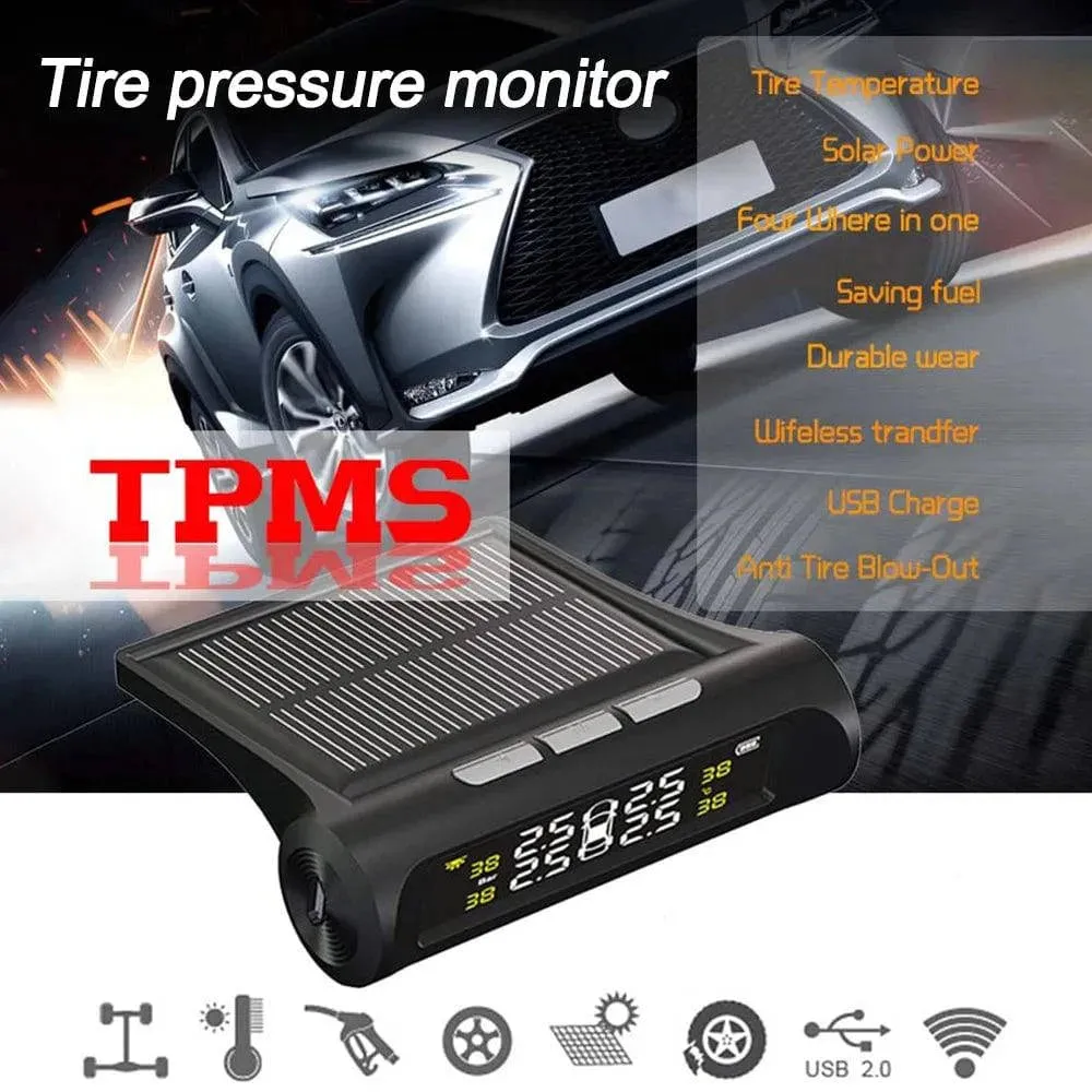 Car TPMS Tire Pressure Monitoring System Solar Charging HD Digital LCD Display Auto Alarm System Wireless With 4 Sensor