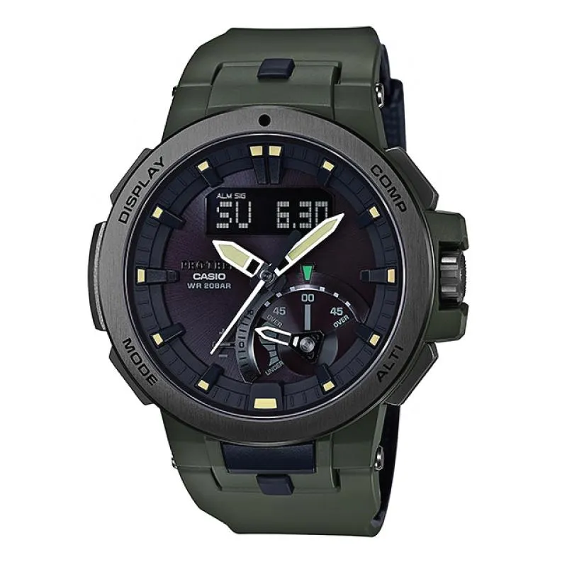 Casio Pro Trek PRW-7000 Series Triple Sensor Version 3 Olive Green Carbon Fiber insert Resin Band Watch PRW7000-3D PRW7000-3D