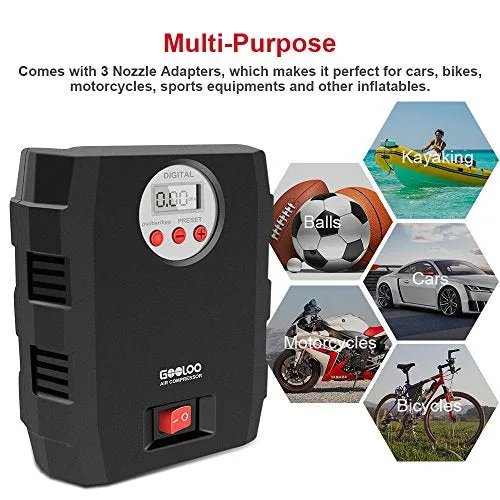 Digital Tire Inflator, GOOLOO 12V DC Air Compressor, Portable Auto Electric 150 PSI Tyre Pump with Tire Pressure Monitor and Preset for Car, Bicycle, Motorcycles, Sport Balls and Other Inflatables