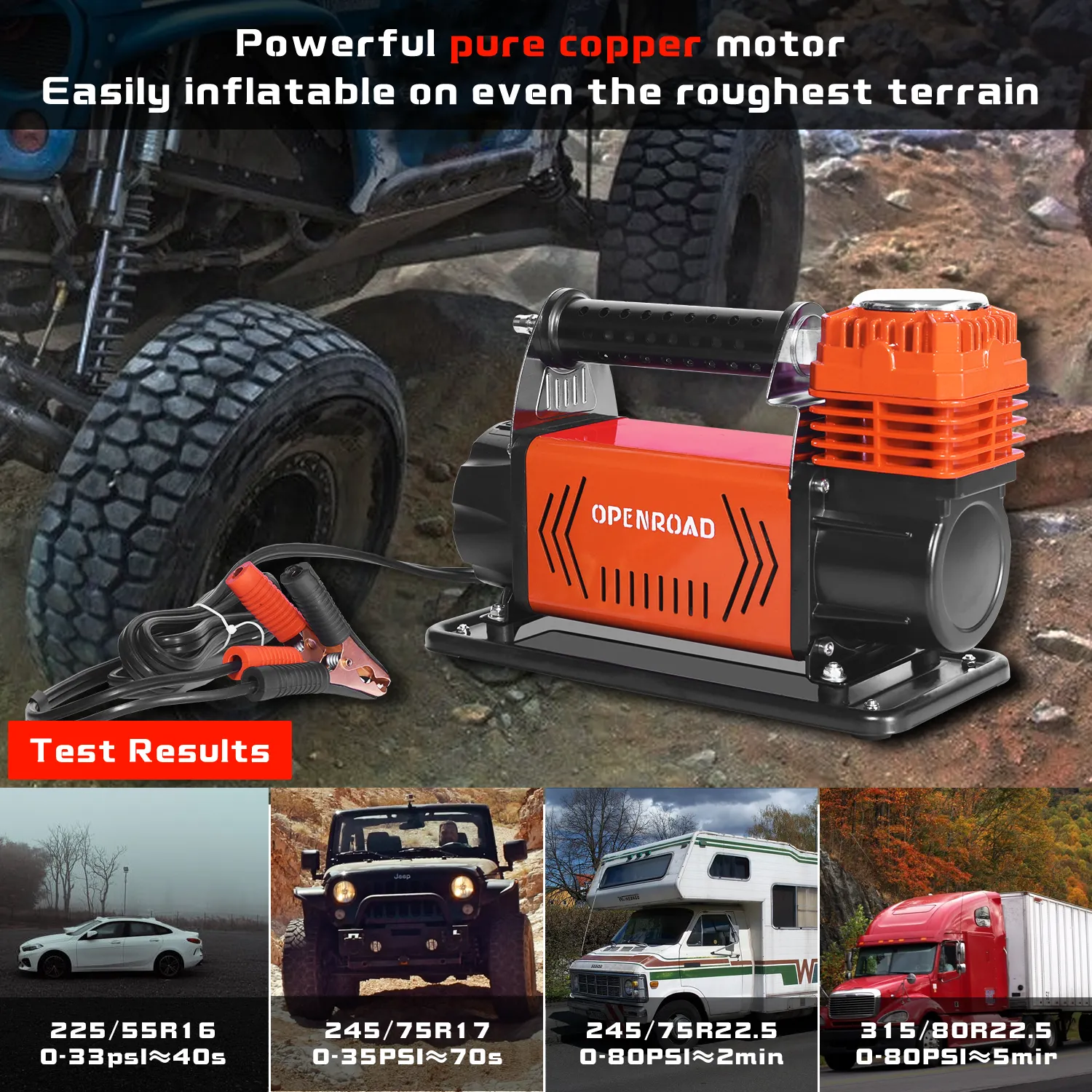 OPENROAD 12V Portable Inflator Air Compressor Heavy Duty, 5.65CFM Truck Tires Inflator, Offroad Air Compressor Kit for Car Tires 150PSI