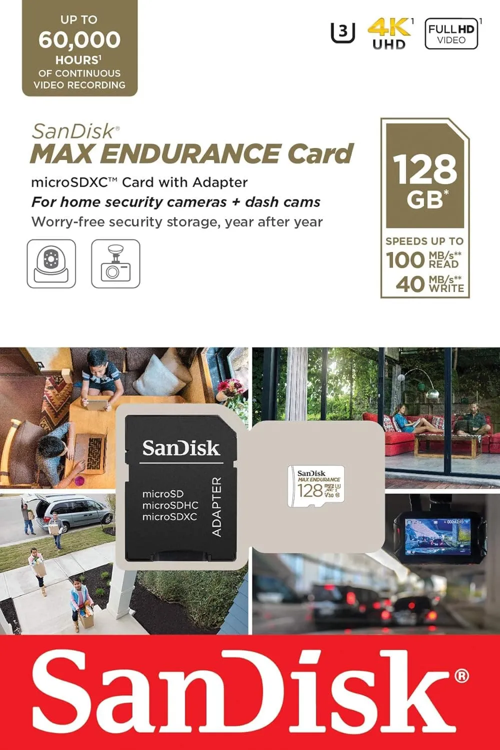 SanDisk MAX ENDURANCE Video Monitoring for Dashcams & Home Monitoring 128 GB microSDXC Memory Card   SD Adaptor 60,000 Hours Endurance