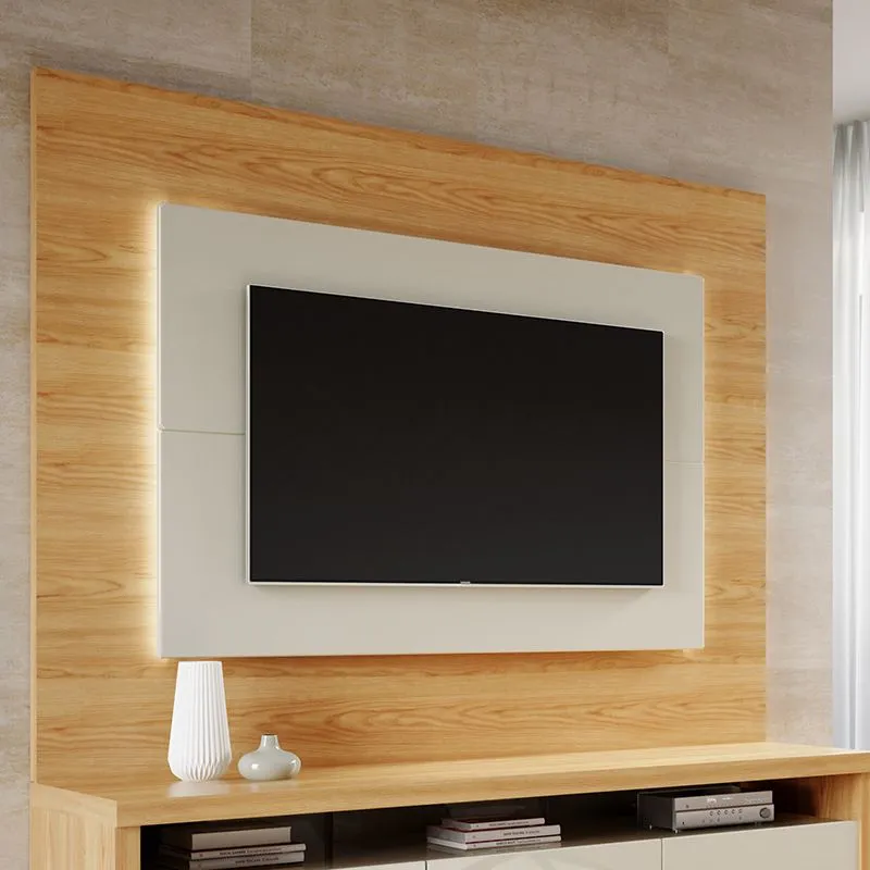 Sylvan 85.43" TV Panel with LED Lights in Nature Wood and Off White