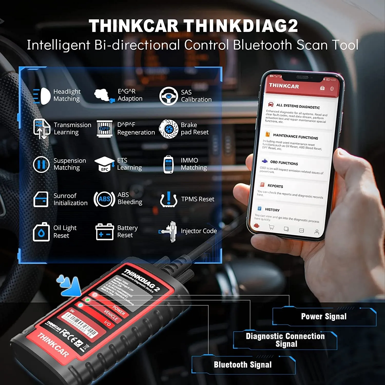 Thinkdiag2 All System Bidirectional Control OBD2 Diagnostic Scanner for Ios & Android, Bluetooth5.0 Intelligent Scan Tool with CAN-FD Protocol, Autovin, Active Test, 15  Reset Functions, ECU Coding