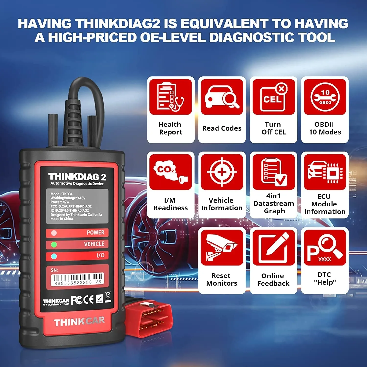 Thinkdiag2 All System Bidirectional Control OBD2 Diagnostic Scanner for Ios & Android, Bluetooth5.0 Intelligent Scan Tool with CAN-FD Protocol, Autovin, Active Test, 15  Reset Functions, ECU Coding