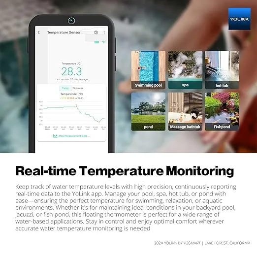 YoLink Smart Pool Floating Thermometer, 1/4 Mile Range, 5  Years Battery Life, Emails, Text, App Alerts, Alexa, IFTTT. Pool, Hot Tub, Fish Tank. Hub Required!